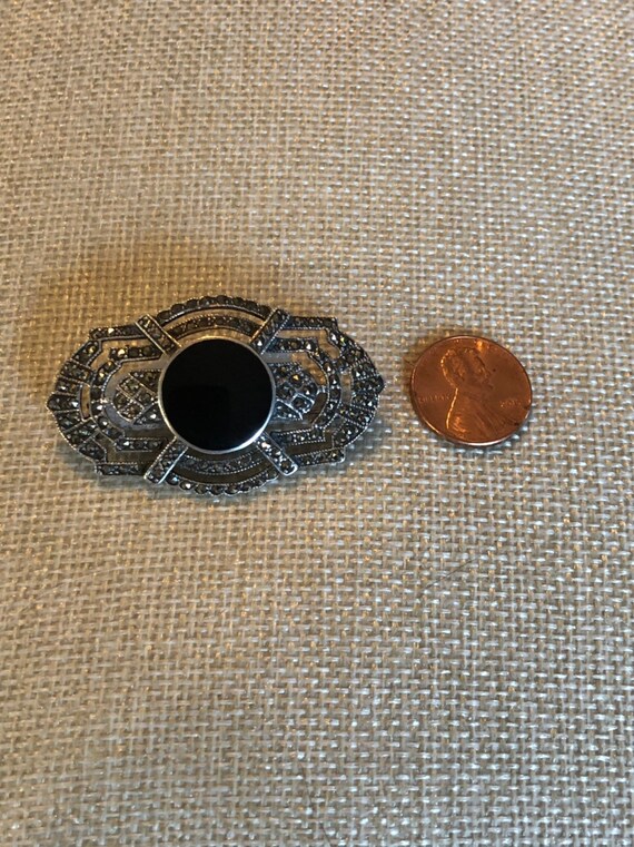 Vintage Marcasite and onyx brooch - image 2