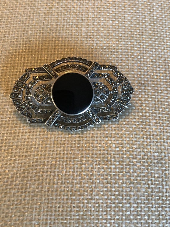 Vintage Marcasite and onyx brooch - image 1