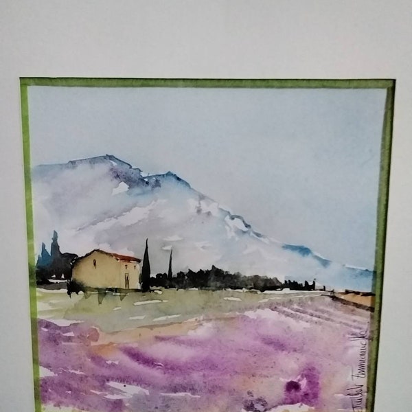 Aquarelle originale,aquarelle paysage, lavande,peinture paysage,peinture originale, paysage provençal,exposition artistique murale,fait main