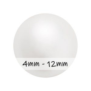 May include: White round pearl beads in various sizes, ranging from 4mm to 12mm.