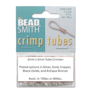 May include: A package of silver-plated crimp tubes from The Bead Smith. The package includes 2mm x 2mm tubes, with plated options in silver, gold, copper, black oxide, and antique bronze. Available in 100pc or 400pc.