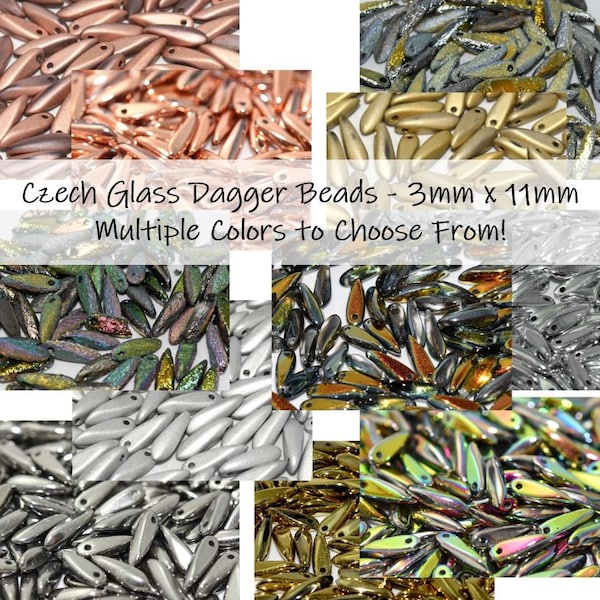 50pc 3x11mm Czech Dagger Beads / 1 Hole Dagger Beads / Multiple Colors / Czech Daggers / Pressed Glass Beads / Glass Beads / Mini Daggers