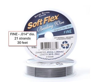 30 foot spool Soft Flex Beading Wire / .014" FINE diameter 21-strand / Satin Silver / Nylon-coated beading wire for jewelry making