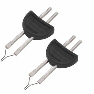 May include: Two black and silver craft tools with a semi-circular black handle and three silver prongs. The tools have a silver wire loop at the end of the silver prongs. The tools are on a white background.