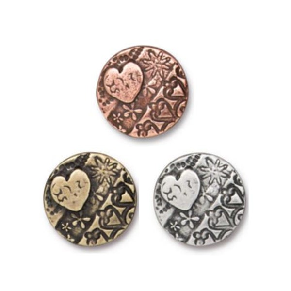 2 pc TierraCast "AMORE ROUND" Buttons / 3 colors to choose from! / Pewter buttons for jewelry making & clothing apparel