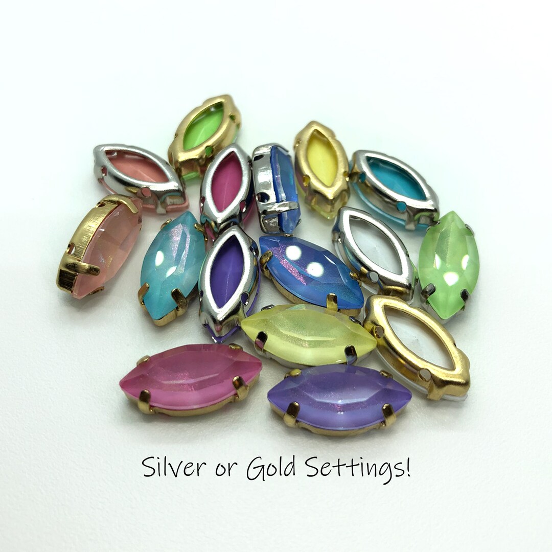 4 Pc 7x15mm Faceted Crystals Navettes IN SETTINGS / Gleam Coating