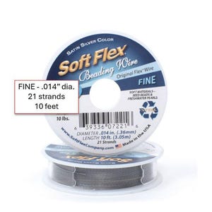 May include: Spools of Soft Flex beading wire, labeled "FINE". The label indicates a diameter of .014 inches, 21 strands, and a length of 10 feet. The packaging is white and blue with the brand name prominently displayed.