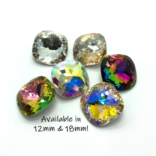 Pierres de cristal de coussin fantaisie à facettes / 12 mm et 18 mm / Plusieurs couleurs ! / Pierres de cristal pour la fabrication de bijoux et le tissage de perles