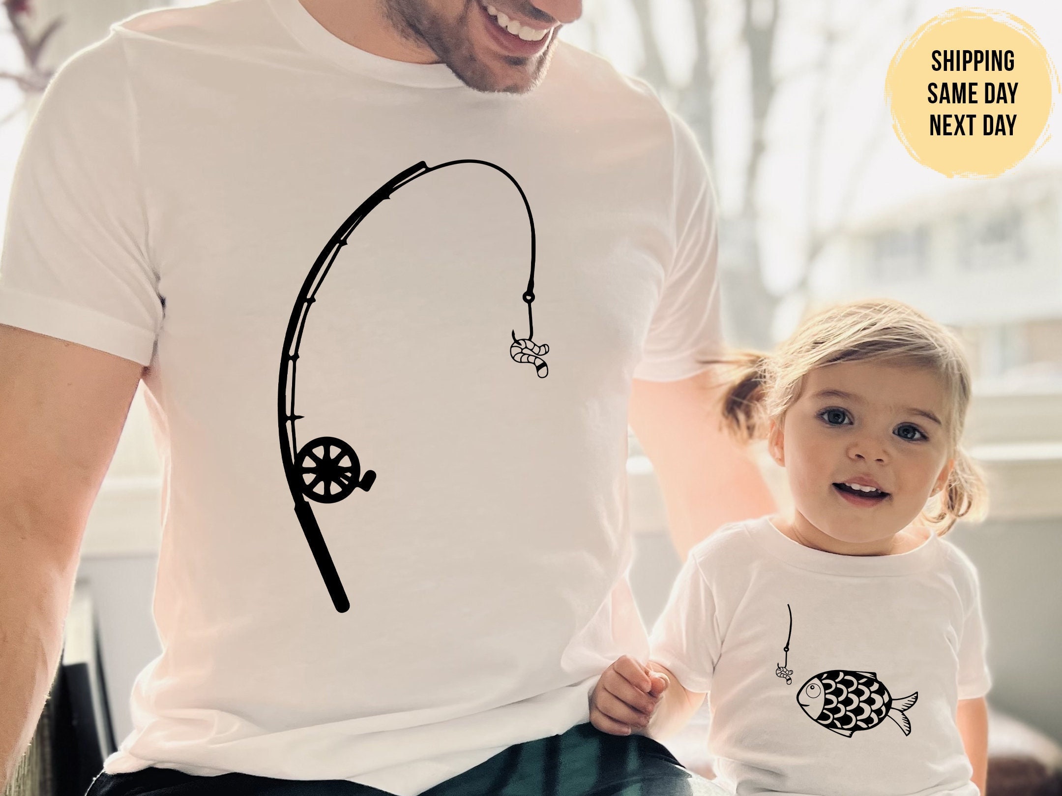 Fishing Father and Kid Matching Shirts, Father's Day Gift for Dad and Kid,  Matching Daddy and Me Outfit with Fish and Fishing Pole