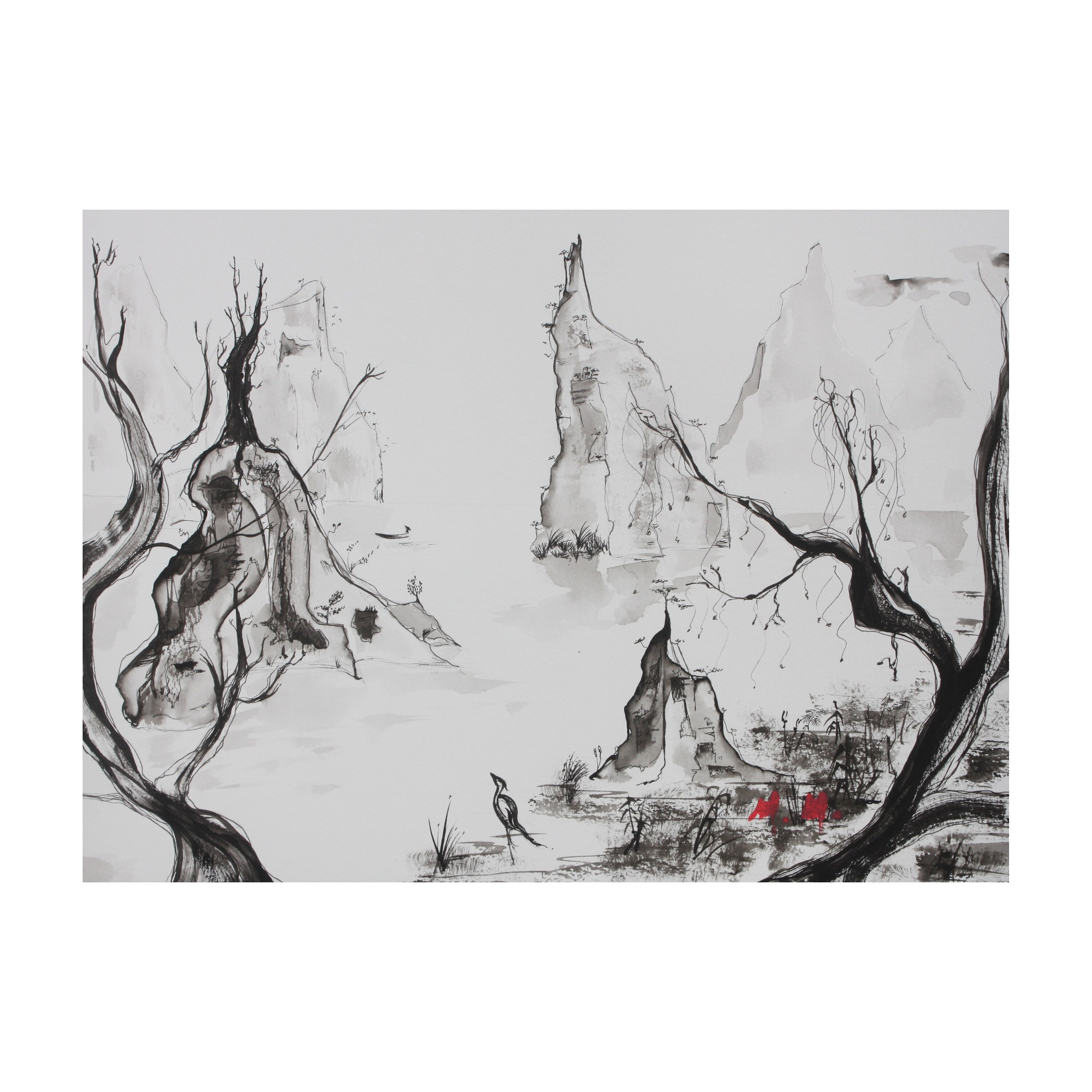 Paysage Au Héron, Encre de Chine, Estampe Japonaise, Peinture Originale, Sumi-E, Paysage Zen Asiatiq