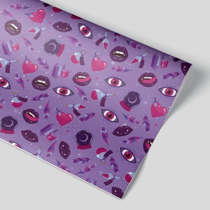 May include: Purple background with a repeating pattern of various magical items, including eyes, lips, hearts, potion bottles, crystal, and a crescent moon in a crystal ball.