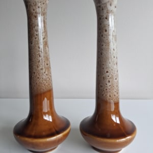 May include: Two tall ceramic bud vases with a glossy finish. Each vase features a wide, rounded base in a solid dark brown glaze that transitions into a slender, elongated neck with a speckled, textured cream and light brown mottled pattern.
