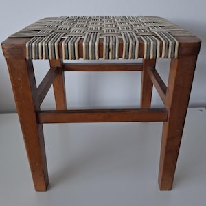 Vintage 1960s Oak Stool, Woven Seat, MCM Plant Stand Side Table