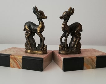 Vintage 1930s French Polished Marble & Spelter Fawn Pair of Bookends, Art Deco Interior, Home Library, Vintage Interior Styling