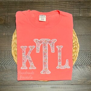 Pink Floral Monogram Tee,  Floral Embroidered Monogram Shirt, Embroidered Monogram Tee, Monogrammed Shirt, Applique Monogram, Gifts for Her
