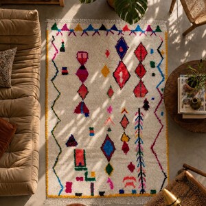 Authentic Moroccan Berber Azilal rug, ecru with colorful patterns, 2.61 x 1.53 m
