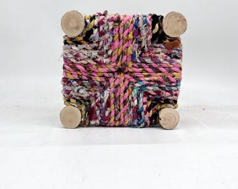 Mini Boucherouite wooden stool / handmade colorful Moroccan stool / multicolored boho stool / height 22cm
