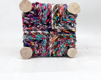 Mini Moroccan wooden stool / Berber Boucherouite stool / Colorful handmade boho stool / Children's stool, 22cm
