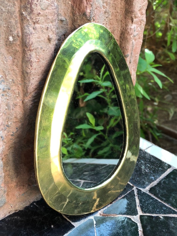 金メッキ銅/真鍮製ミニ卵型ウォールミラー - モロッコ製ハンドメイド