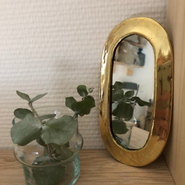 Mini Miroir mural cuivre doré (laiton) forme oblongue / Miroir marocain fait main