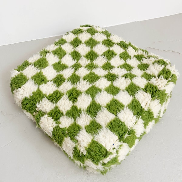 Pouf berbère marocain Beni Ouarain à damier vert neuf 100% laine