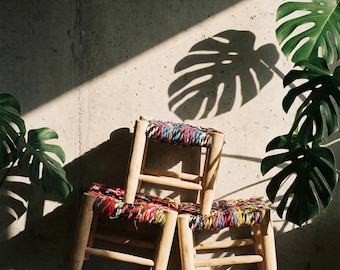 Mini tabouret berbère marocain bois Boucherouite hauteur 20-22cm / tabouret bohème coloré