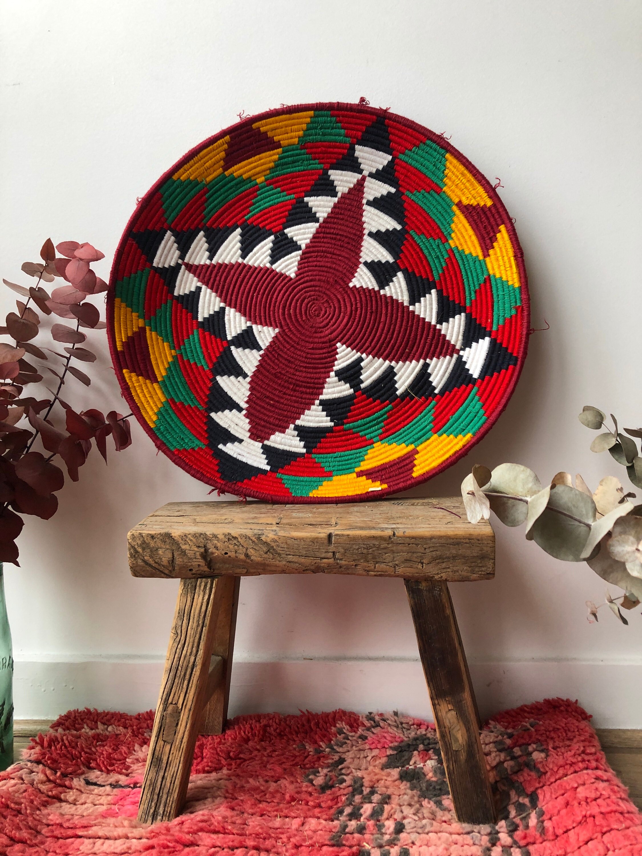 Grande Paniere Berbère Tressée/Corbeille à Motifs Colorés