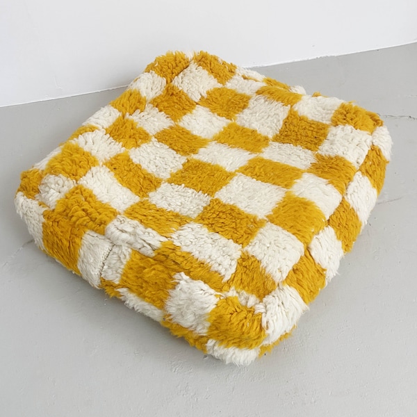 Pouf berbère marocain Beni Ouarain à damier moutarde neuf 100% laine / coussin de sol fait main