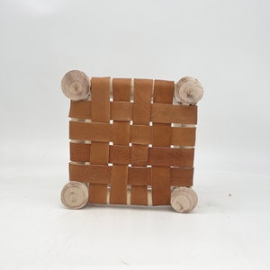Mini Moroccan wood and natural leather stool
