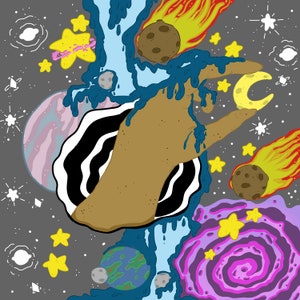 Könnte beinhalten: Eine Hand ragt aus einem schwarzen und weißen Wirbel heraus und hält einen Halbmond. Die Hand ist von einer blauen, weißen und gelben Flüssigkeit umgeben, und im Hintergrund befinden sich Planeten, Sterne und Kometen.