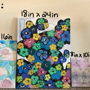 May include: Four different sizes of canvas paintings with various floral and eye designs. The sizes are 18 in x 24 in, 12 in x 16 in, 8 in x 10 in, and 5 in x 7 in.