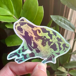 May include: A holographic sticker of a green and black frog with a detailed pattern. The sticker is on a white background.