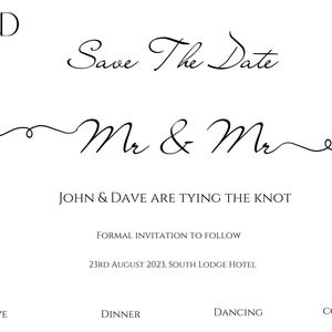 May include: Save the Date wedding announcement for John and Dave. The announcement features a stylized illustration of two hearts intertwined with the initials J and D. The text reads "Save the Date", "Mr & Mr", "John & Dave are tying the knot", "Formal invitation to follow", "23rd August 2023, South Lodge Hotel", "Love", "Dinner", "Dancing", and "Cocktails".