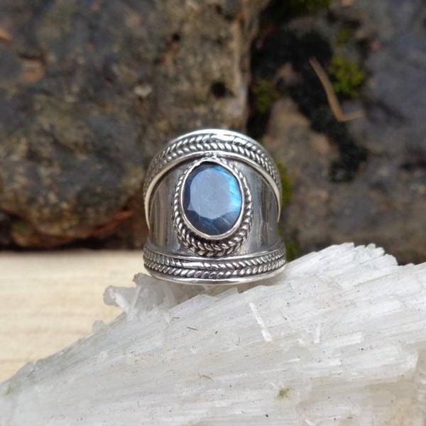 LABRADORITE BAGUE Argent 925 Pierre Naturelle Semi Précieuse Shaman Artisanal Boheme Ethnique Viking Ethnique Hippie Tribal Celtique unique