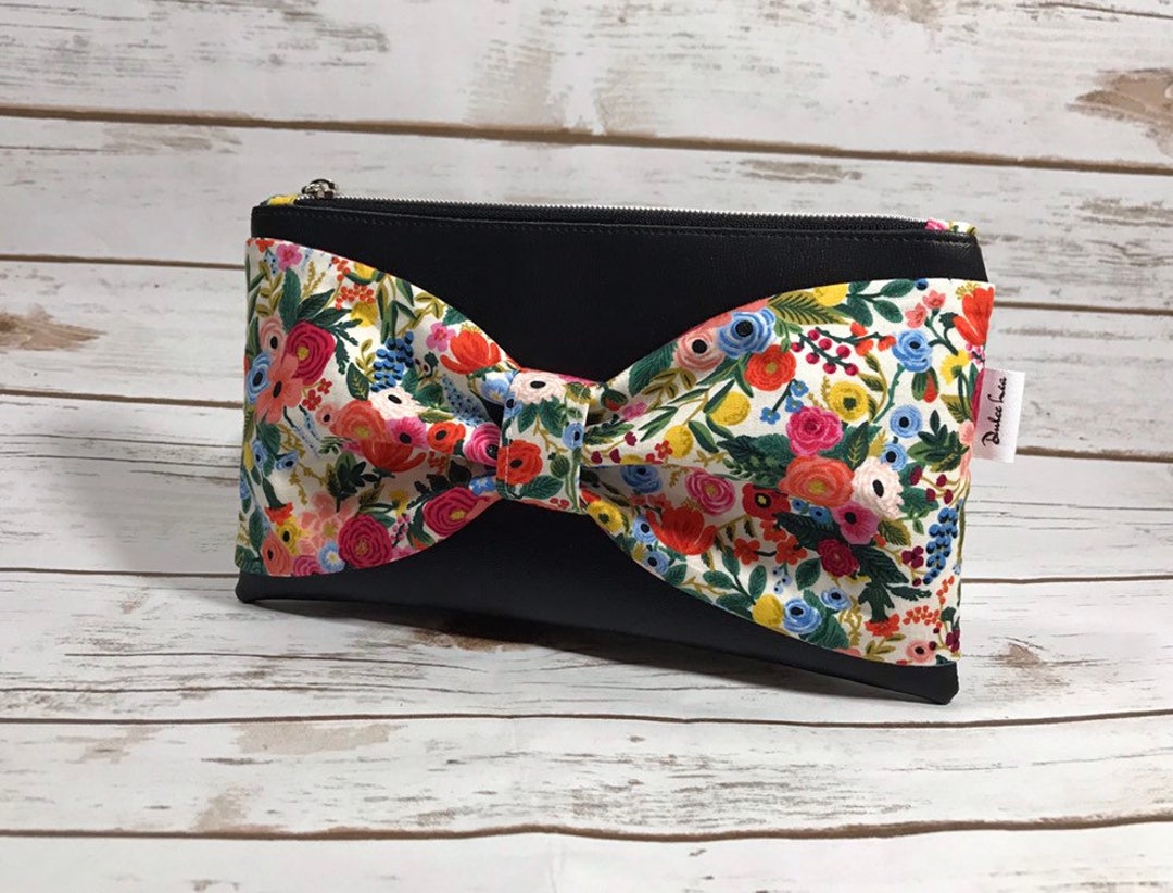 Bow Clutch / Black Vegan Leather Clutch / Black and Floral Etsy