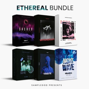 May include: A collection of five colorful digital music sample packs titled "Ethereal Bundle" with the names "Sacred Guitars", "Witchcraft", "Miss You", "The Void", and "Night Wave".