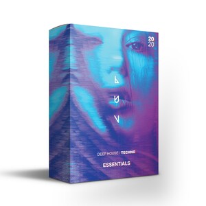 May include: A rectangular box with a digital art design in shades of blue and purple. The design features a stylized face and the word "b u v" in white. Below, the text reads "DEEP HOUSE / TECHNO ESSENTIALS" and "2020".