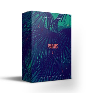Pode incluir: Uma caixa de produto com um design tropical. A caixa apresenta um fundo verde escuro com folhas de palmeira sobrepostas em tons de verde e roxo. A palavra "PALMS" é exibida em laranja, com o número "2" abaixo. O site www.traplife.net está na parte inferior.