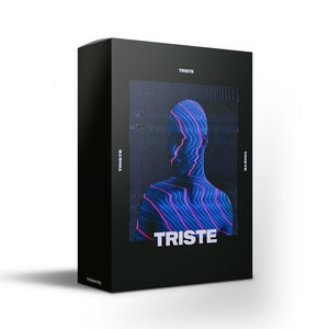 Könnte beinhalten: Eine schwarze Produktbox mit dem weißen Wort "TRISTE" und einer Grafik eines menschlichen Gesichts mit blauen und rosa Linien. Das Wort "TRISTE" ist auch vertikal auf den Seiten der Box aufgedruckt.