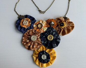 fabric flowers flowers ribbon work ribbon flowers Fabric jewelry antic golden colors necklace Boho style