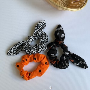 Dancing Skeletons Handmade Hair Bow Scrunchies (Pack of three). Halloween themed black and orange scrunchies