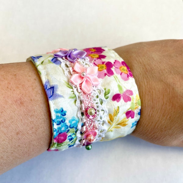 Fabric Cuff Bracelet Crazy Quilt Style Boho Fashion with Button Embellishments
