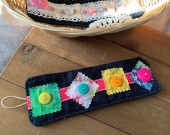 Denim Cuff Bracelet With Buttons and Fabric Embellishment