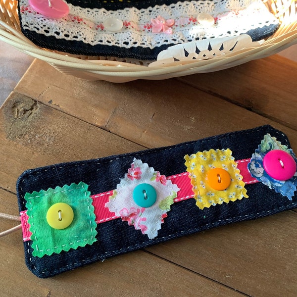 Denim Cuff Bracelet With Buttons and Fabric Embellishment