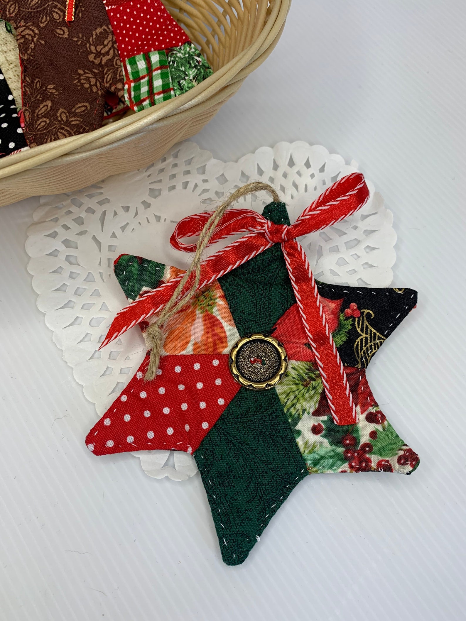 Handstitched Patchwork Quilted Fabric Christmas Star Ornament Etsy UK