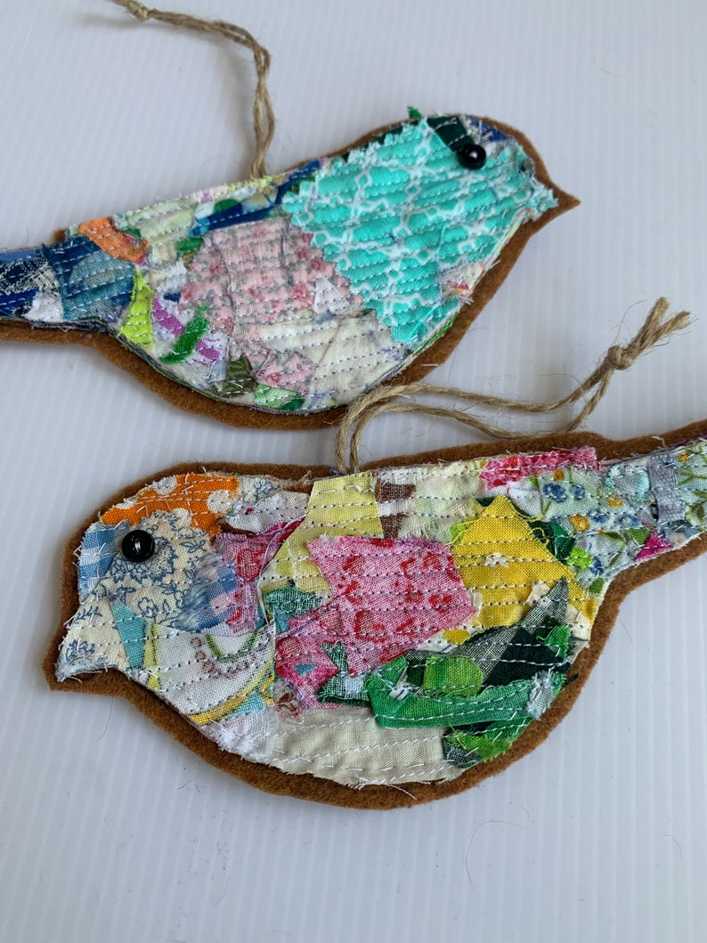 Recycled Fabric Bird Ornaments set of two for home decor Etsy