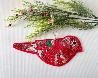 Holiday Bird Fabric Scrap Bird Ornament for home decor, holiday decor, bowl fillers, vignette decor.