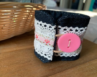 Denim Cuff Bracelet With Buttons and Fabric Embellishment