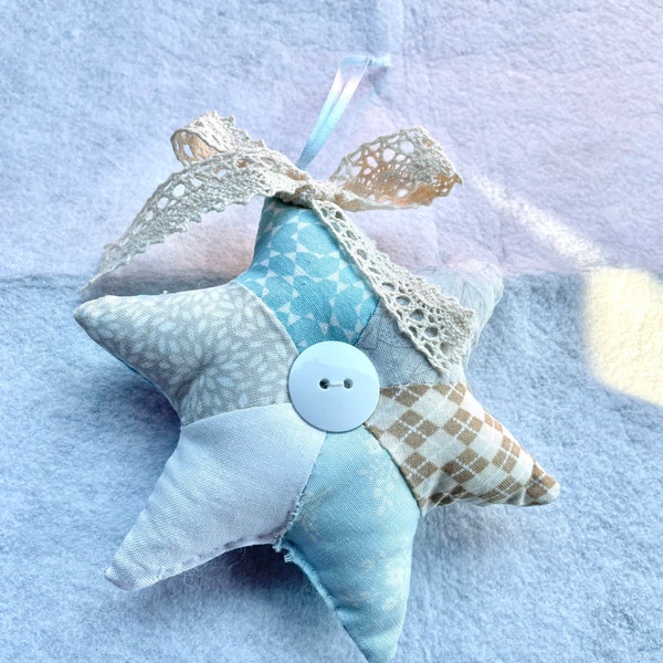 Blue and Beige Patchwork Shabby Chic Handstitched Fabric Star Ornament