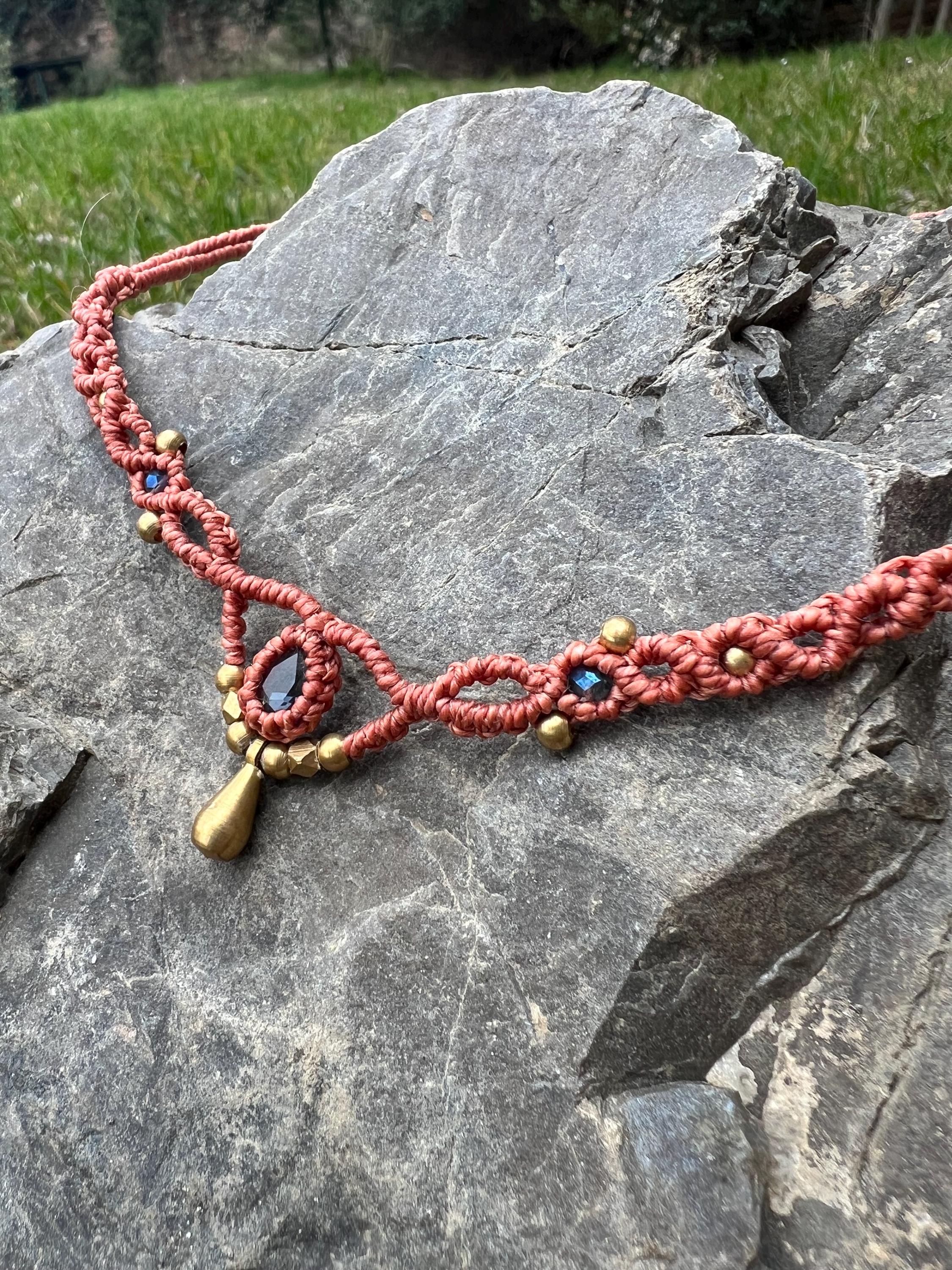 Collier Ras De Cou Macramé Avec Breloques Hématite Et Acier Inox - Style Bohème, Longueur 71-80 Cm